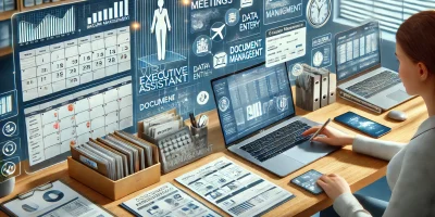 DALL·E 2024-10-19 12.12.01 - A digital workspace showcasing virtual executive assistance tasks. The image shows an organized desk with a laptop displaying a calendar with schedule