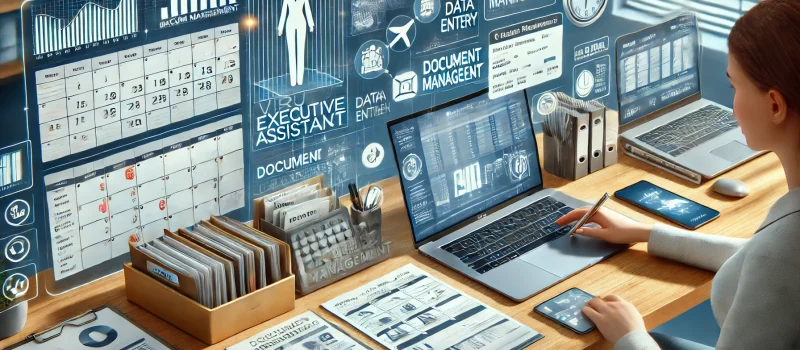 DALL·E 2024-10-19 12.12.01 - A digital workspace showcasing virtual executive assistance tasks. The image shows an organized desk with a laptop displaying a calendar with schedule
