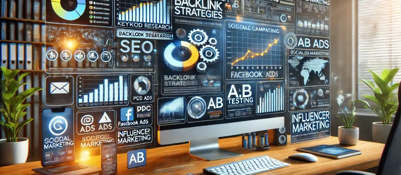 DALL·E 2024-10-19 12.18.08 - A dynamic digital marketing workspace representing various services. The scene includes a computer screen displaying SEO metrics, keyword research, an